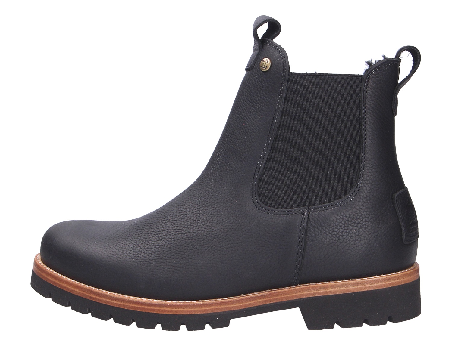 Panama Jack Beny Chelsea-Boot aus schwarzem Leder, seitliche Ansicht mit Elastikeinsatz und robuster Profilsohle