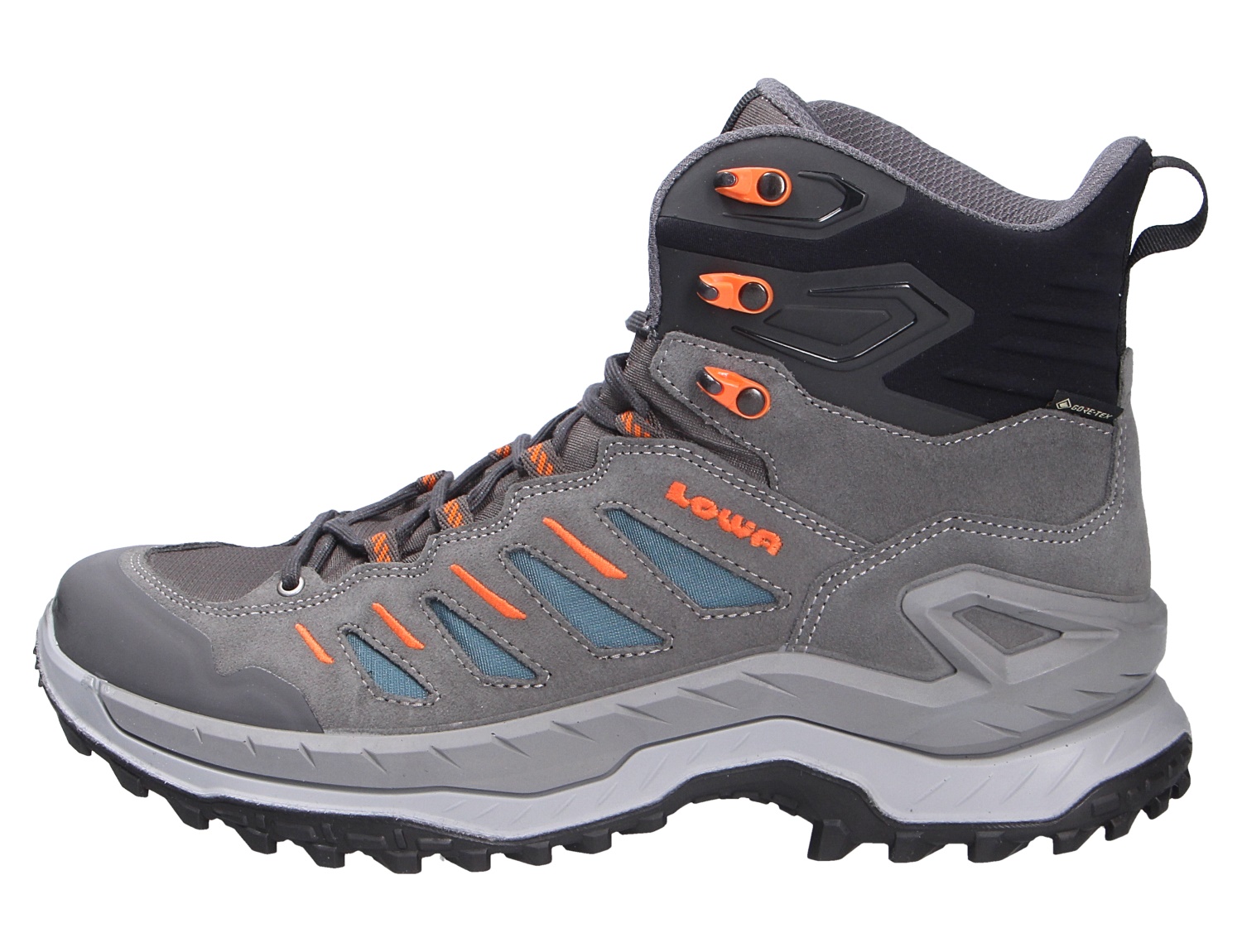 Seitenansicht des Lowa INNOVO GTX MID Herren-Trekkingstiefels in Grau mit Orange, aus Veloursleder und GORE-TEX, mit hohem Schaft, robuster Profilsohle und stabilem Halt für Trekking und Wanderungen