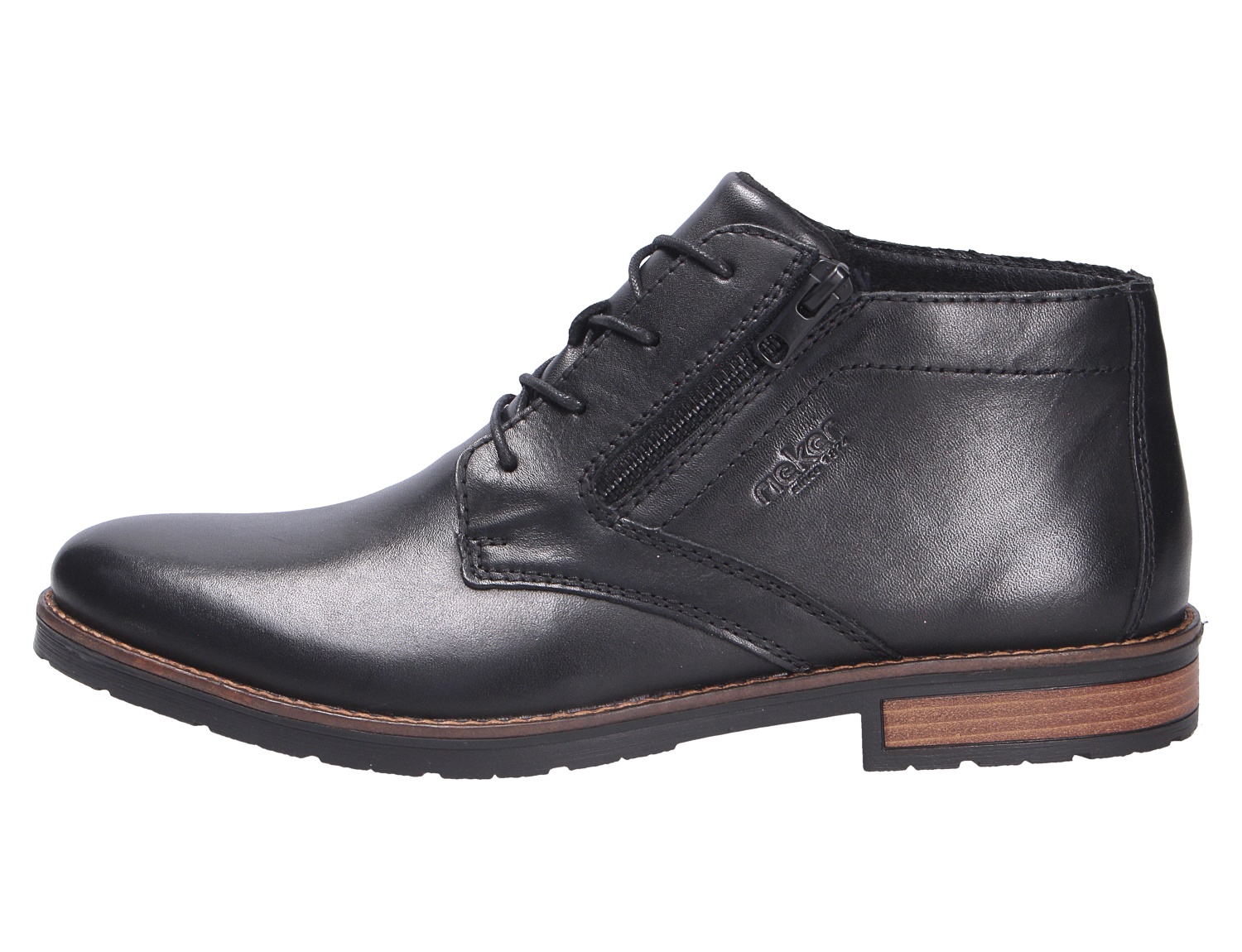Rieker Herren Stiefel in Schwarz aus glattem Leder, seitliche Ansicht mit Reißverschluss, Schnürung und flacher Sohle