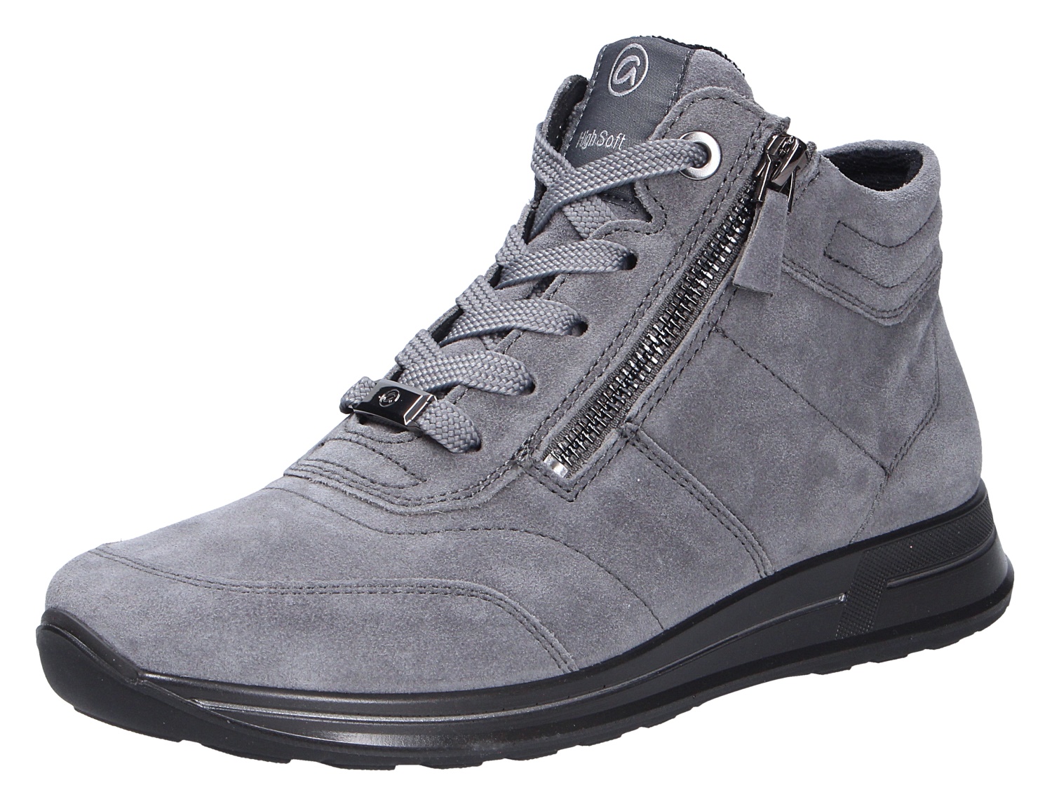 Ara OSAKA Damen-Sneakerboot in Grau aus Veloursleder, knöchelhoch mit seitlichem Reißverschluss, Schnürung und schwarzer Sohle