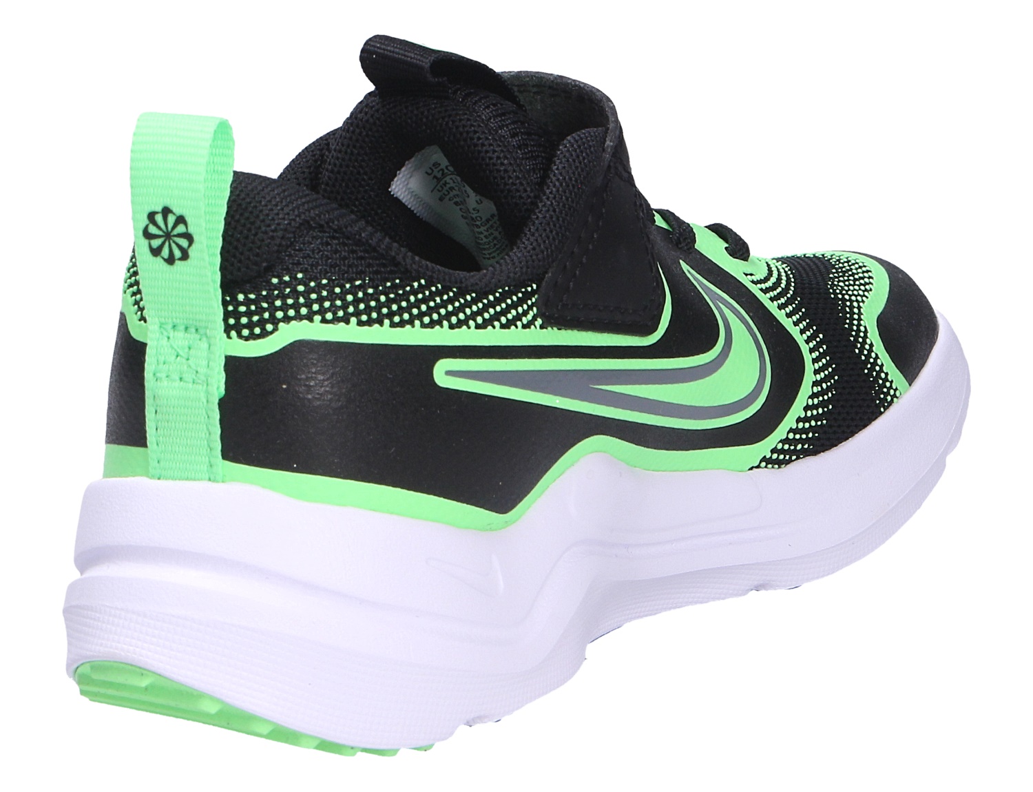 Nike Cosmic Runner Kinder-Slupfschuh, schwarz-grün mit weißer Sohle, sportlicher Sneaker für aktive Kinder aus seitlicher Rückansicht