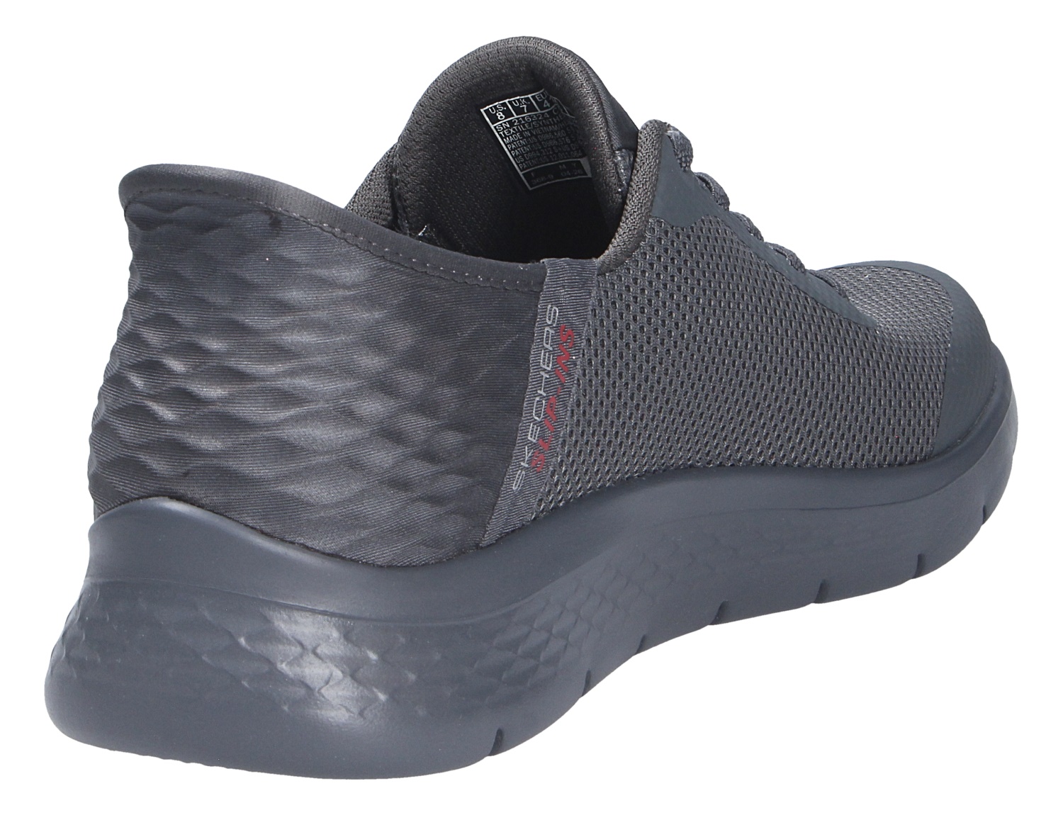 Skechers Go Walk Sneaker in Dunkelgrau mit atmungsaktivem Mesh-Obermaterial und dicker Laufsohle, Rück- und Seitenansicht