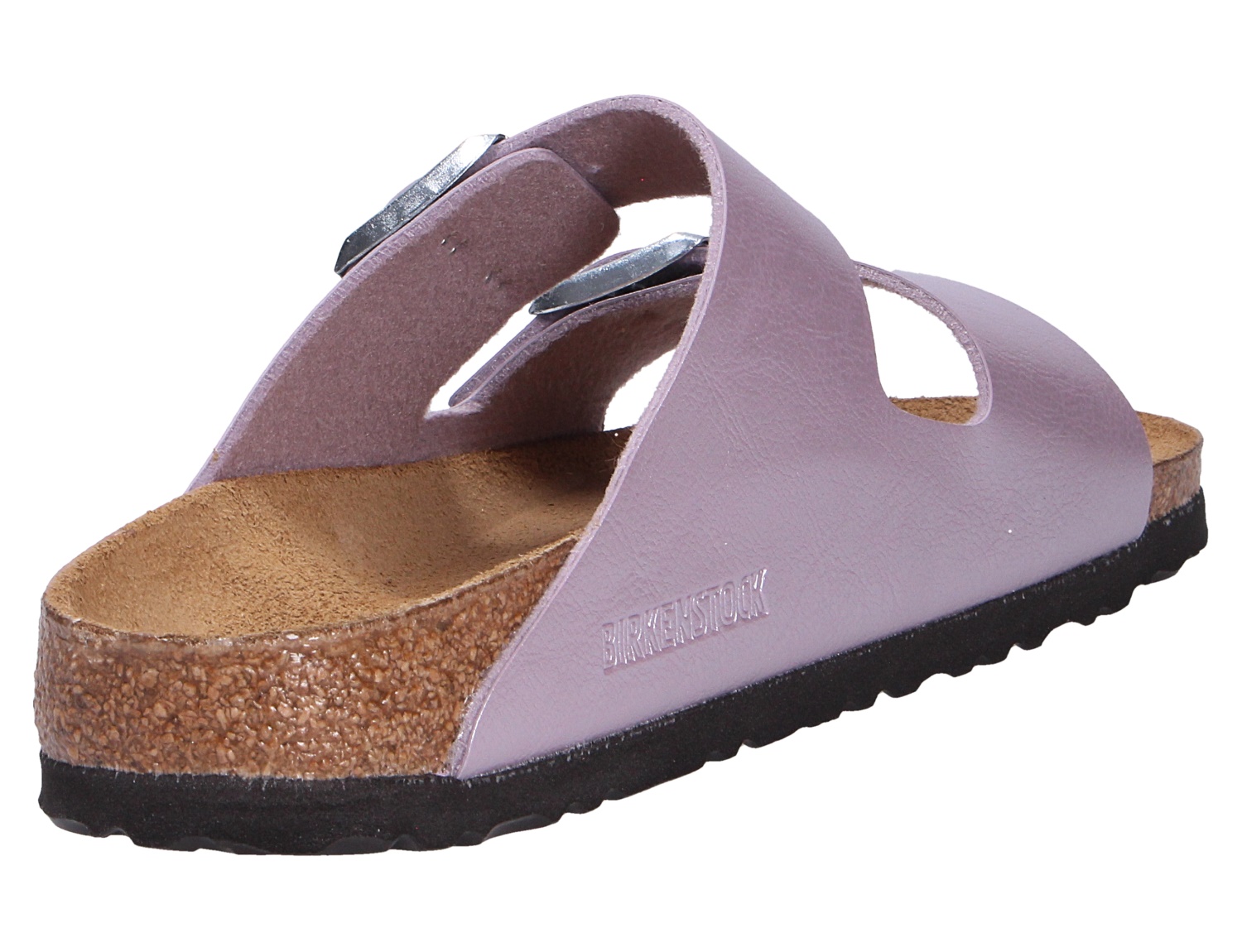 Birkenstock Arizona Sandale in Flieder, Ansicht mit zwei verstellbaren Riemen, anatomischem Kork-Latex-Fußbett und schwarzer Laufsohle