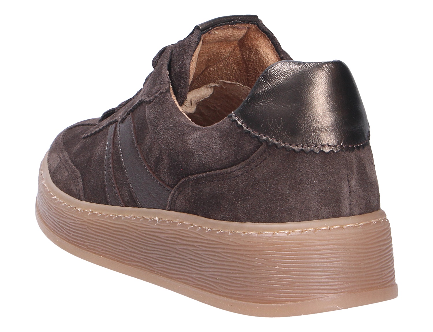 Rückansicht der Gabor Damen Schnürschuhe in Dunkelbraun aus Veloursleder mit schwarzer Fersenkappe und heller Gummisohle