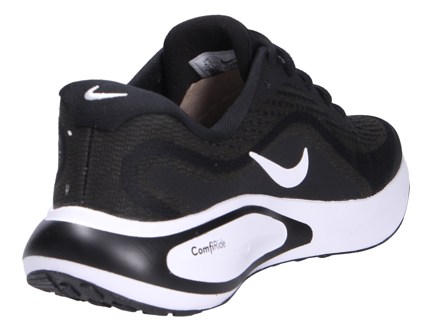 Nike Journey Woman's Road Damen-Sneaker in Schwarz mit weißem Swoosh und ComfiRide-Sohle, Rück- und Seitenansicht für Alltag und Freizeit