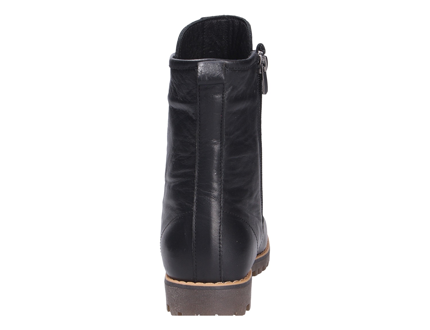 Andrea Conti Damen Stiefel in Schwarz, Rückansicht eines knöchelhohen Lederstiefels mit seitlichem Reißverschluss, Zuglasche und markanter Profilsohle