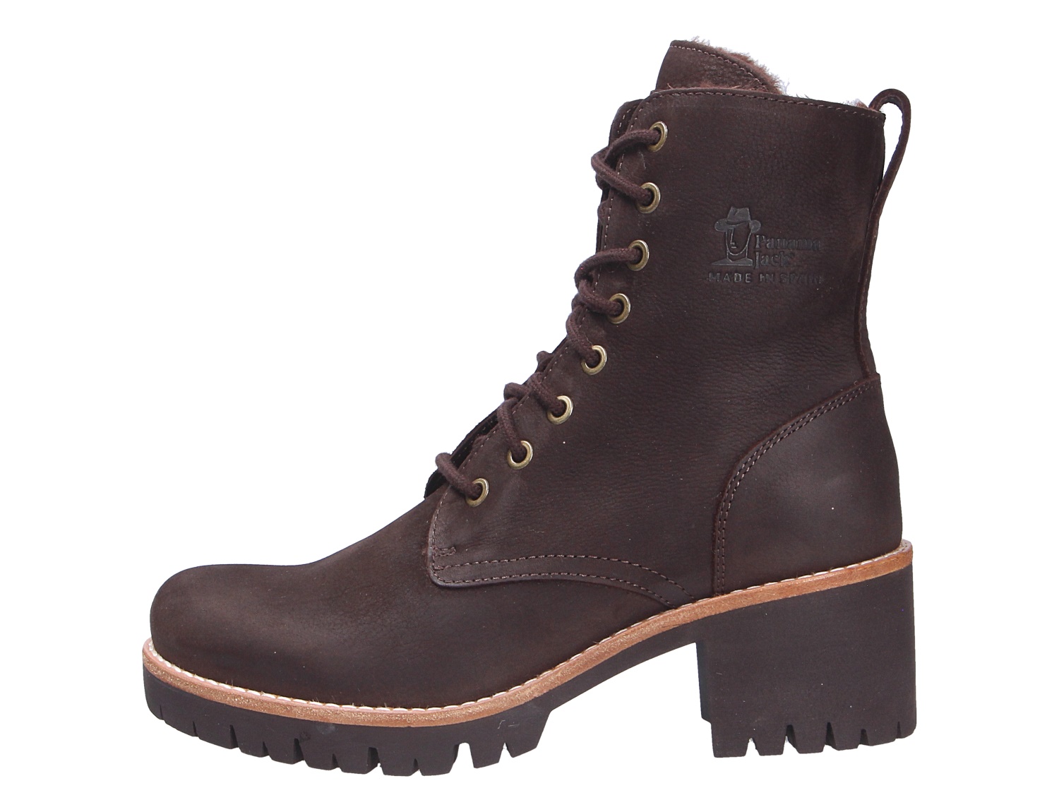 Panama Jack Padma braune Leder-Schnürstiefelette mit warmem Innenfutter, Blockabsatz und markanter Profilsohle