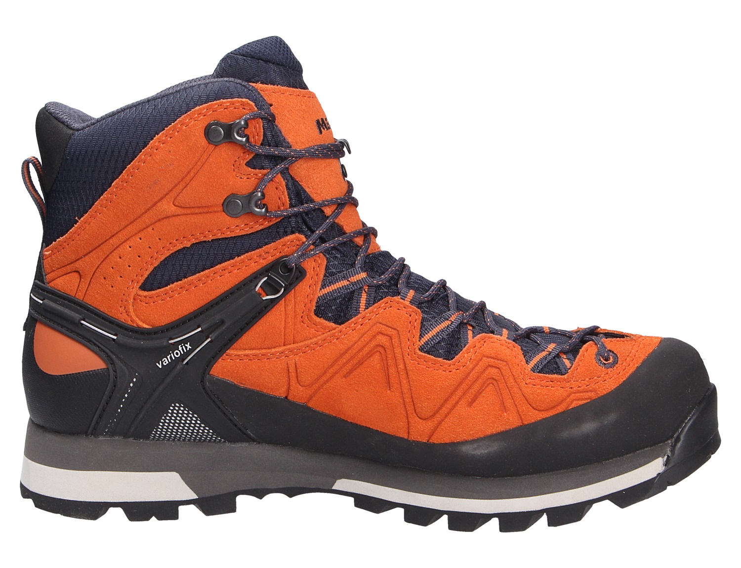 Meindl Tonale Herren-Trekkingstiefel in Orange und Dunkelblau, robuster Wanderstiefel für anspruchsvolle Touren mit hohem Schaft, griffiger Sohle und stabilem Halt in der Seitenansicht