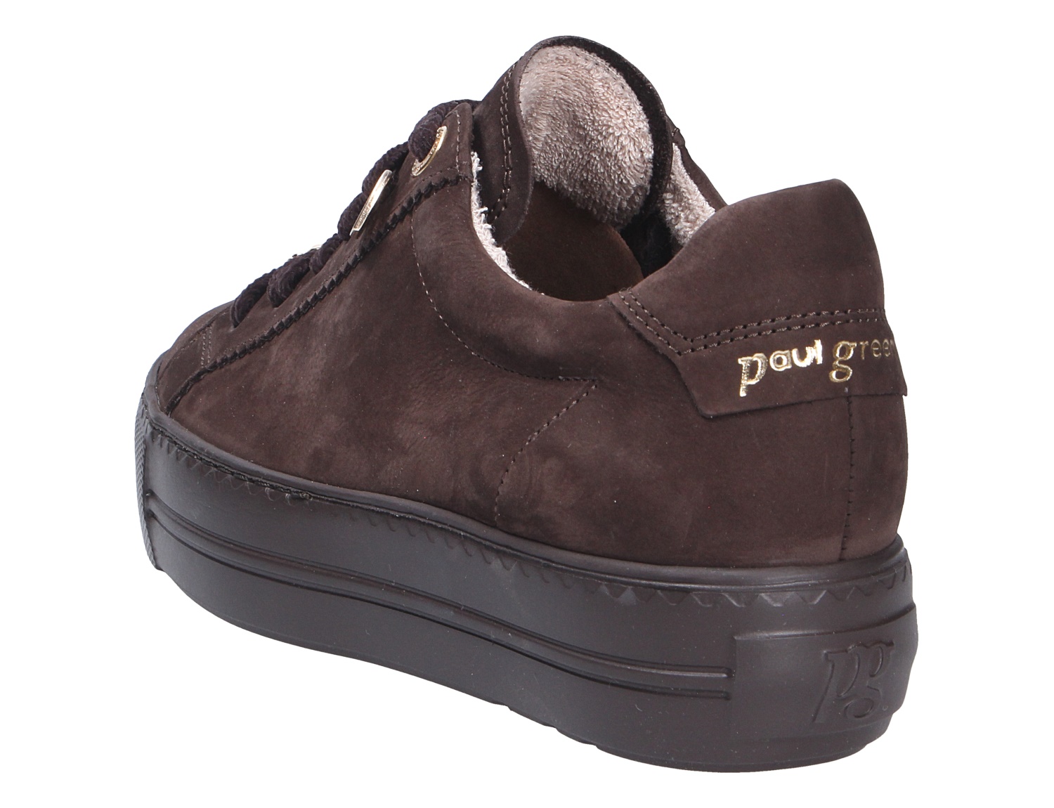 Paul Green Damen Sneaker aus dunkelbraunem Nubukleder mit Plateau-Sohle, Schnürung und goldenem Logo an der Ferse in Rück- und Seitenansicht