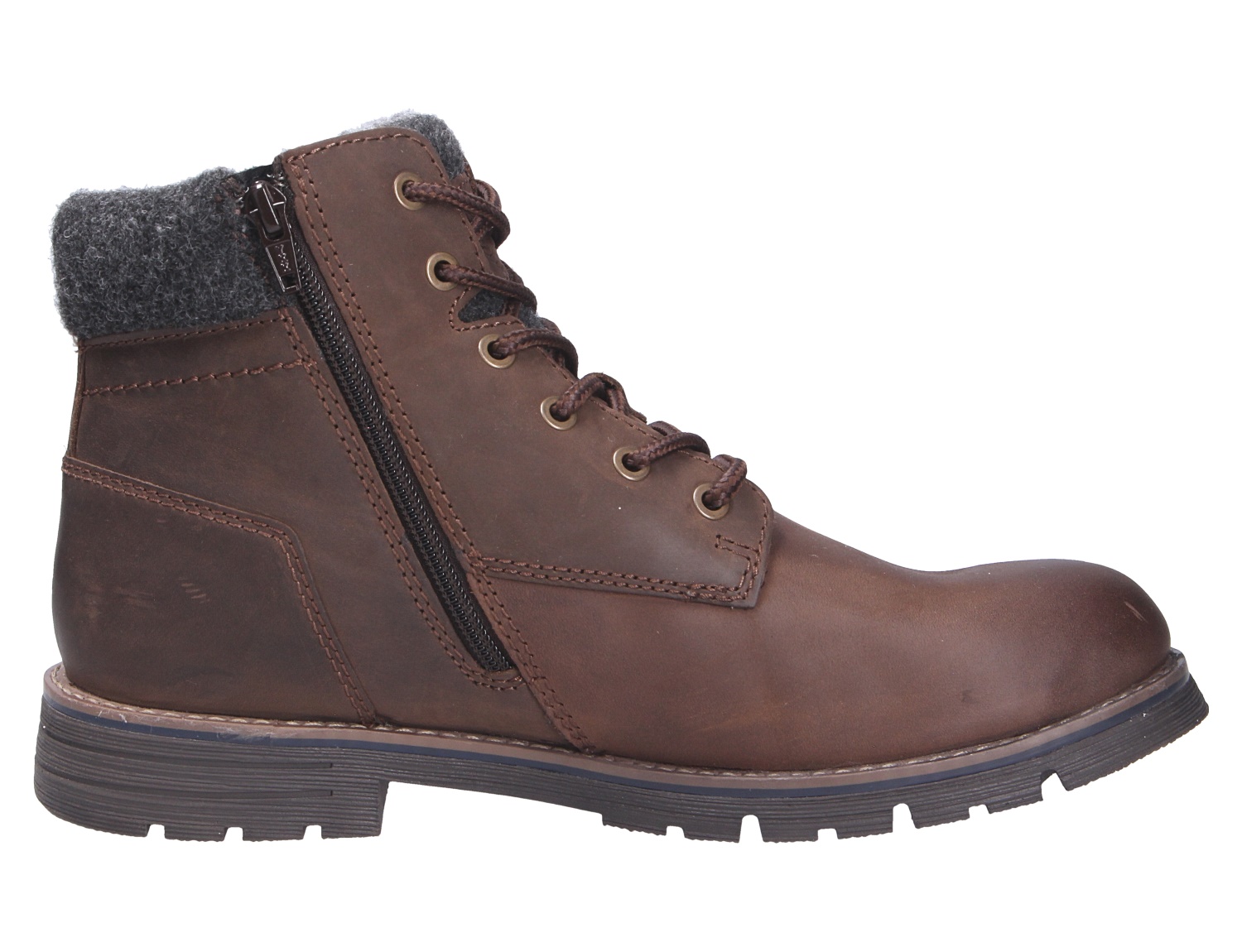 bugatti Herren Stiefel, brauner Lederlook-Boot mit Schnürung, seitlichem Reißverschluss, Profilsohle und grauem Strickkragen