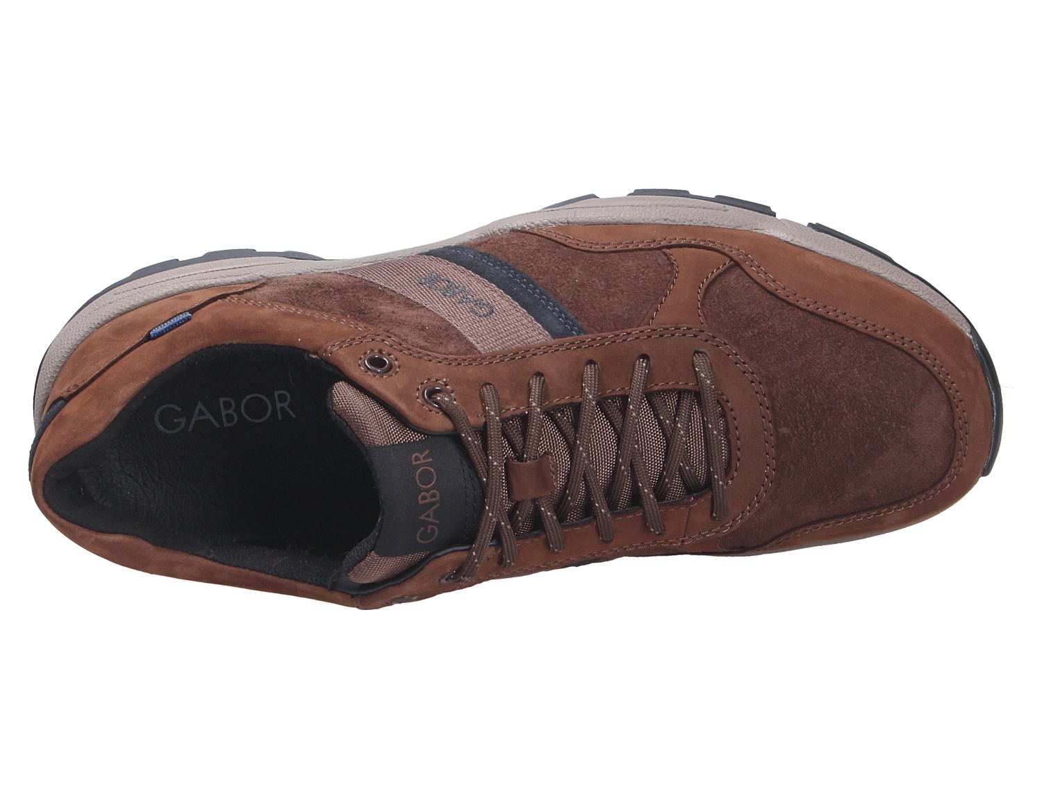 Draufsicht auf den braunen Pius Gabor Evolution Sneaker mit Schnürung, Materialmix aus Leder und Veloursleder sowie markanter Profilsohle.