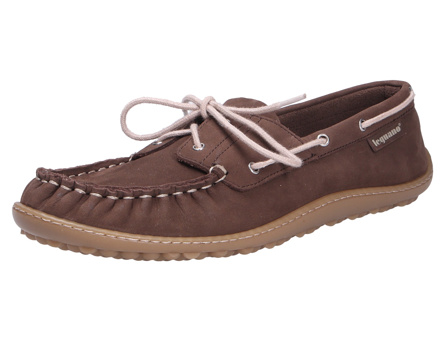 Leguano Moreccasin, brauner Mokassin-Barfußschuh aus Leder mit Schnürung, Ziernaht und flexibler Sohle in Seitenansicht