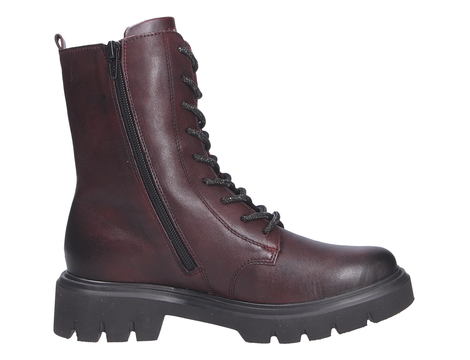 Remonte Damen Stiefel in Bordeaux, knöchelhoher Schnürstiefel mit seitlichem Reißverschluss und schwarzer Profilsohle