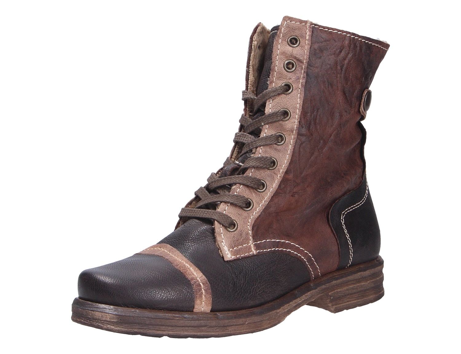 Charme Etnic 26, braune Schnürstiefelette im Used-Look mit Kontrastnähten und flachem Absatz