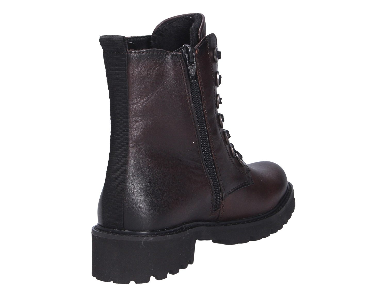 Remonte Damen Stiefel aus dunkelbraunem Leder, Seitenansicht mit Reißverschluss, Schnürung und robuster schwarzer Profilsohle
