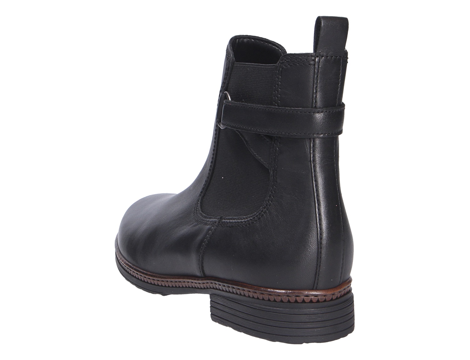 Gabor Damen Stiefel aus schwarzem Leder, seitliche Rückansicht mit Elastikeinsatz, Riemendetail und stabilem Blockabsatz