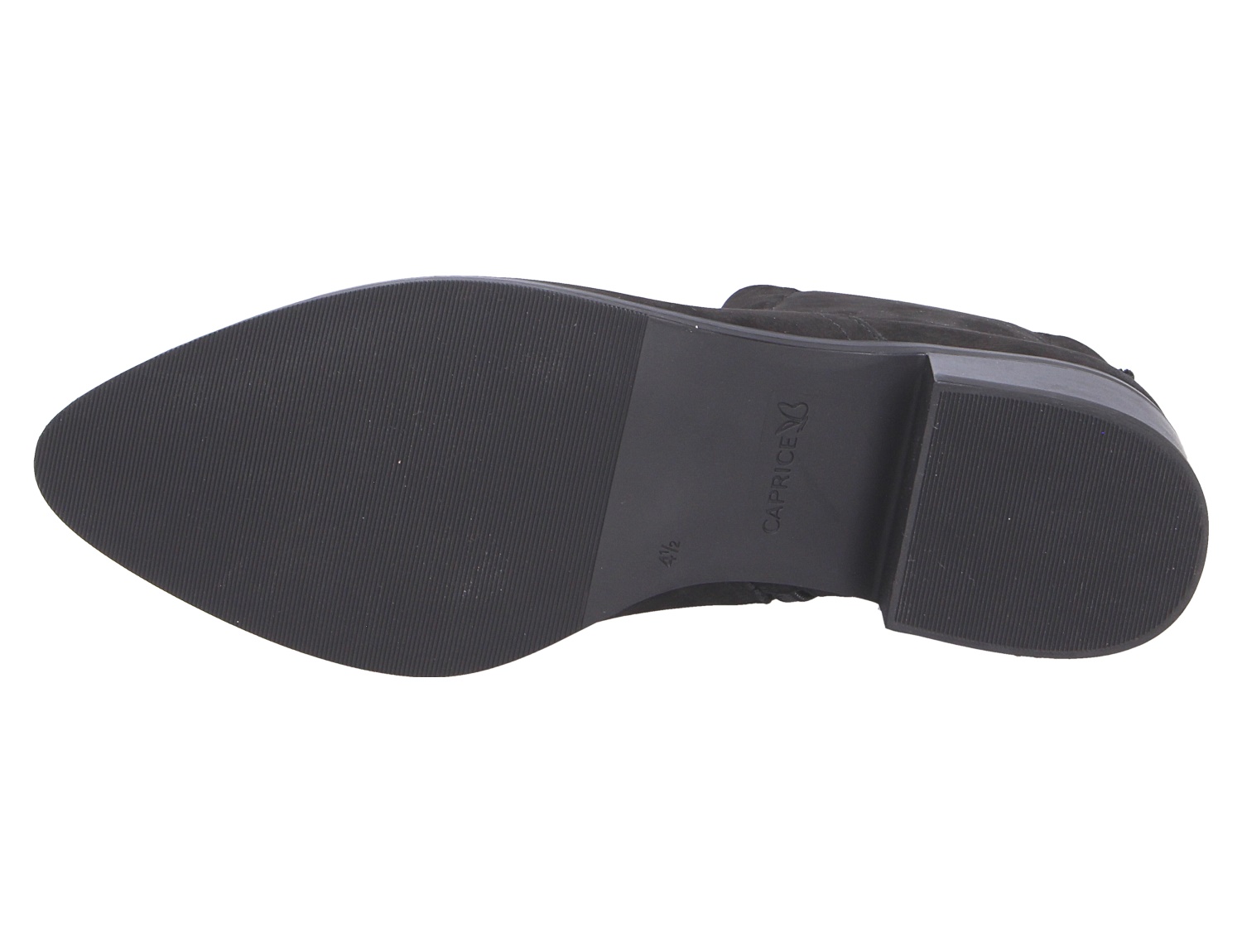 Unteransicht der schwarzen Caprice Damen Stiefel mit profilierter Laufsohle und Blockabsatz