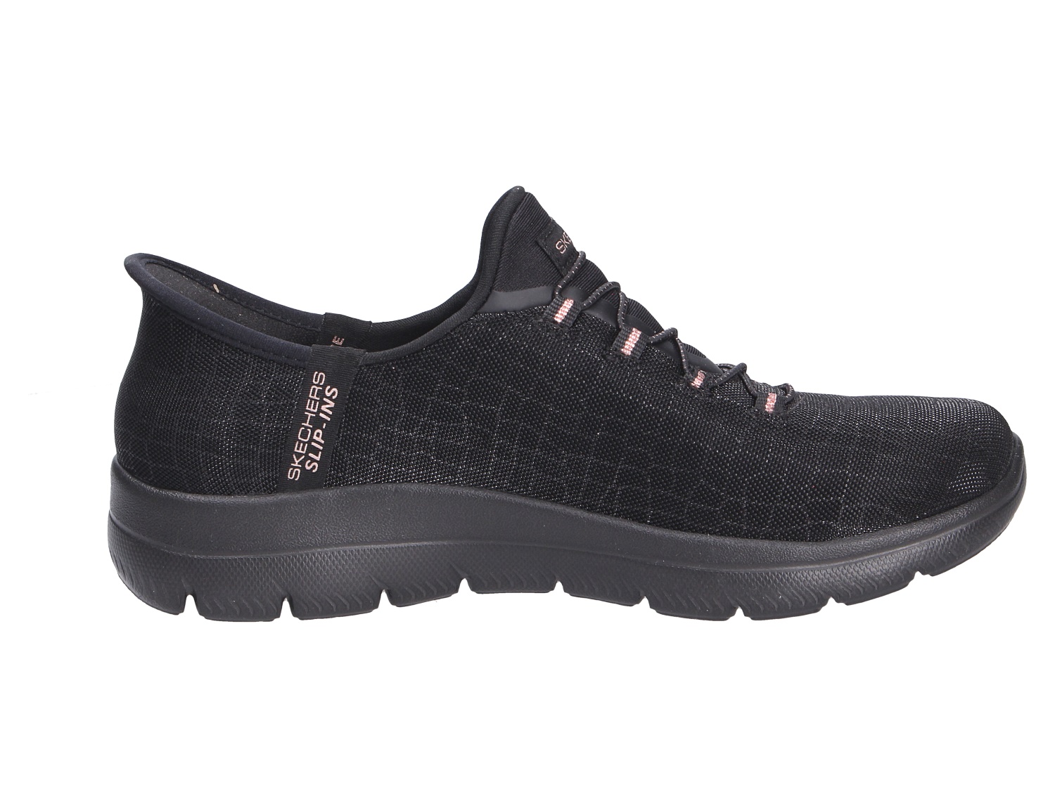 Skechers Summits Slip-in Sneaker in Schwarz, leichte Damen-Sneaker mit Strickobermaterial und profilierter Sohle in Seitenansicht