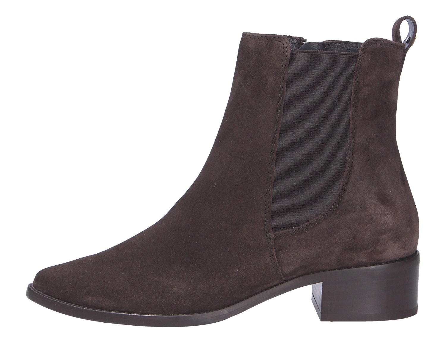 Paul Green Damen Stiefel als dunkelbraune Chelsea-Boots aus Veloursleder mit seitlichem Stretch-Einsatz und Blockabsatz