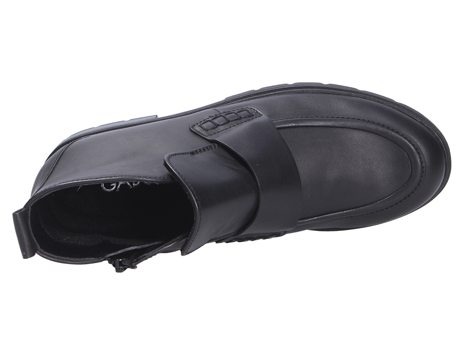 Gabor Damen Stiefel in Schwarz aus Glattleder, Draufsicht mit breitem Riemen, markanter Naht und seitlichem Reißverschluss