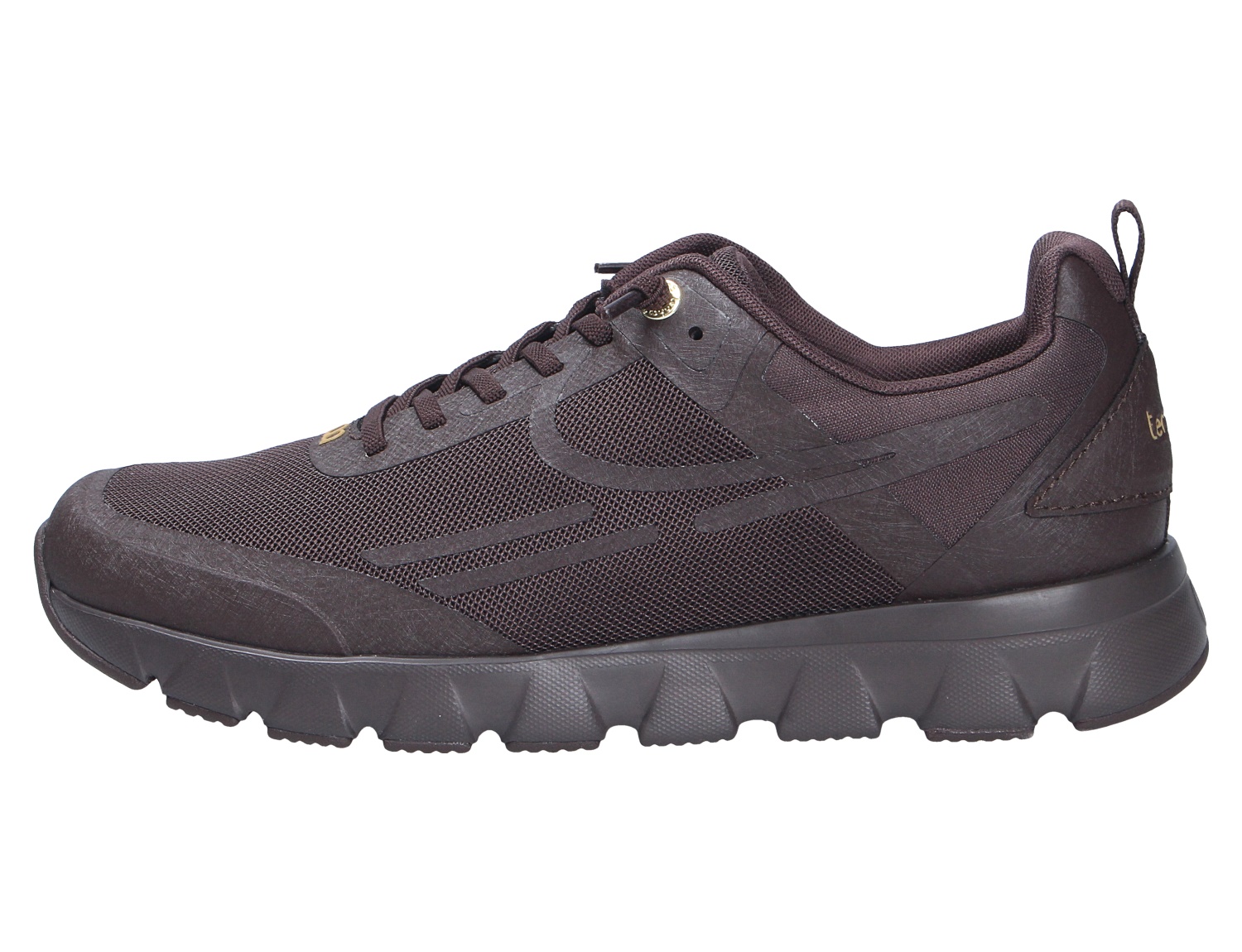 tenhaag Damen Sneaker in Dunkelbraun als Seitenansicht, sportlicher Freizeitschuh mit Schnürung, Mesh-Obermaterial und profilierter Laufsohle