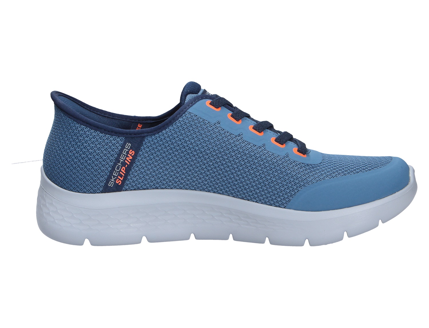 Skechers Herren Sneaker in Blau mit atmungsaktivem Mesh-Obermaterial, orangefarbenen Details und dicker weißer Laufsohle in seitlicher Ansicht