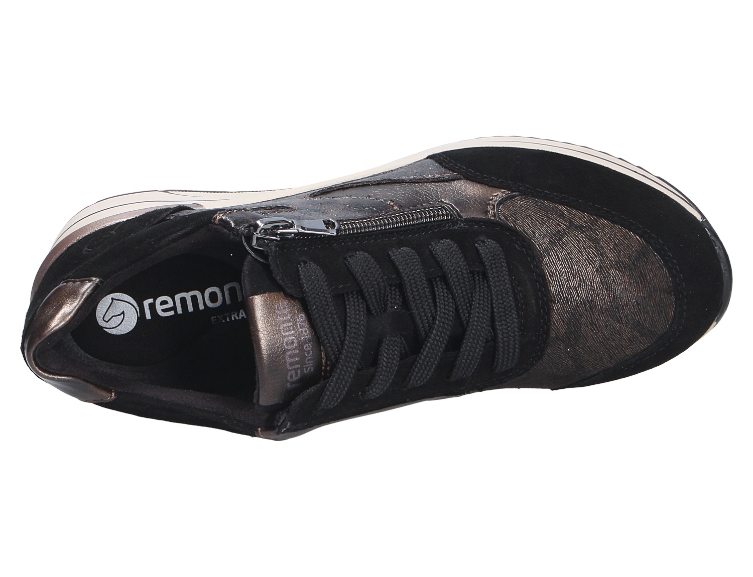 Remonte Damen Schnürschuhe in Schwarz und Metallic-Bronze, sportlicher Sneaker mit Schnürung und seitlichem Reißverschluss, Draufsicht