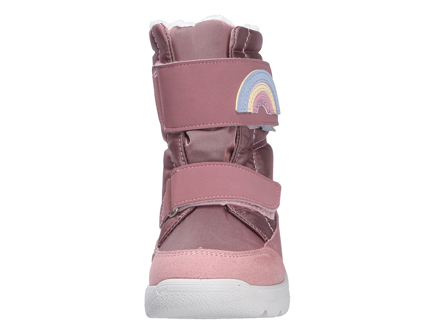 Frontansicht der Ricosta Mädchen Stiefel in Rosa mit zwei Klettverschlüssen, weißer Sohle und Regenbogen-Applikation am Schaft