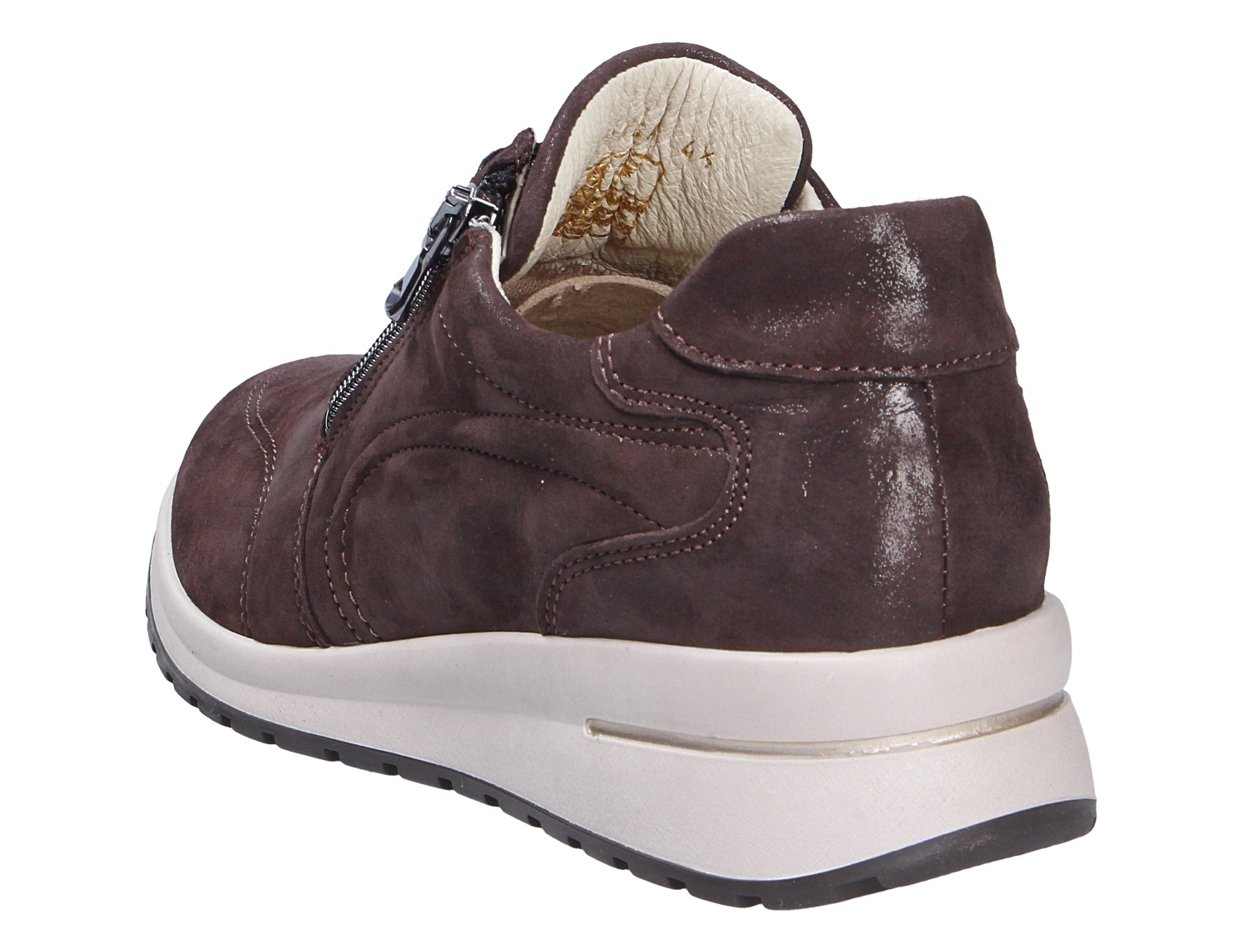 Waldläufer H-Inessa Damen-Sneaker in Braun aus Nubukleder, Seiten- und Rückansicht mit seitlichem Reißverschluss und heller Laufsohle