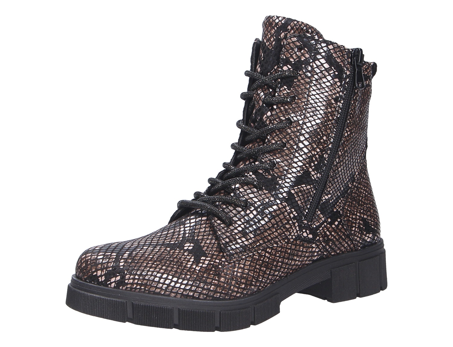 Remonte Damen Stiefel, modischer Schnürstiefel in braun-schwarzer Schlangenoptik mit seitlichem Reißverschluss und markanter Profilsohle