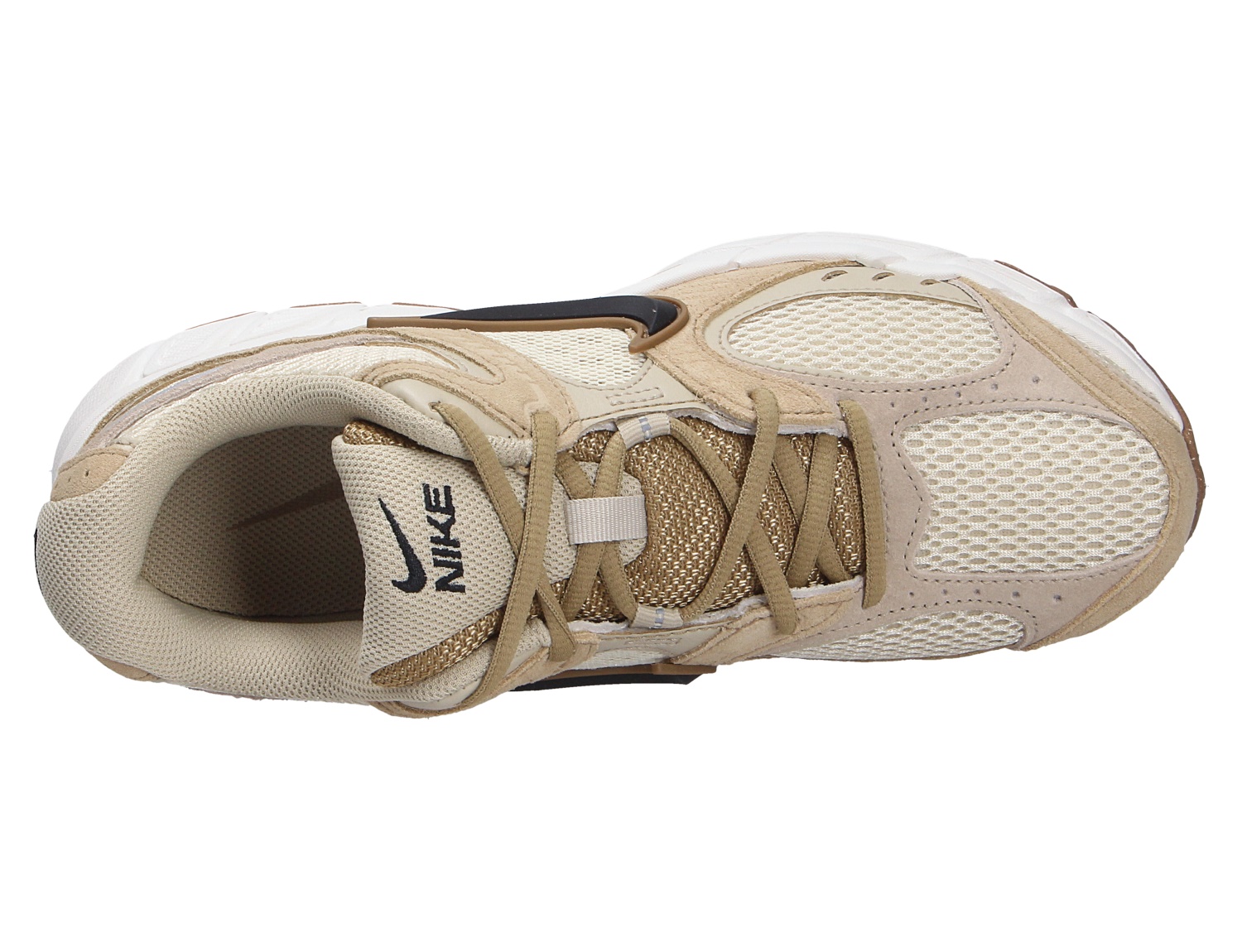 Draufsicht des Nike V5 RNR Sneakers in Beige und Creme mit Mesh-Obermaterial, Wildleder-Overlays und Schnürung