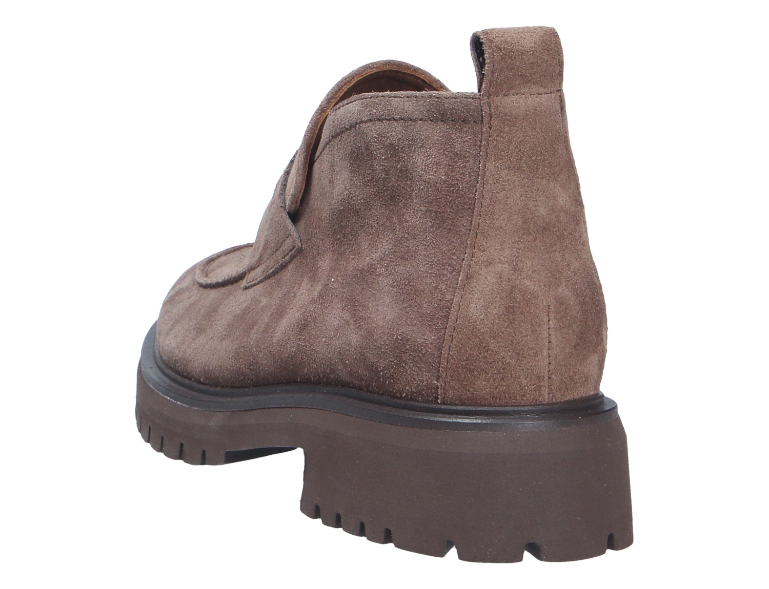 Rückansicht eines Paul Green Damen Slippers aus braunem Veloursleder mit Lasche und kräftiger Profilsohle