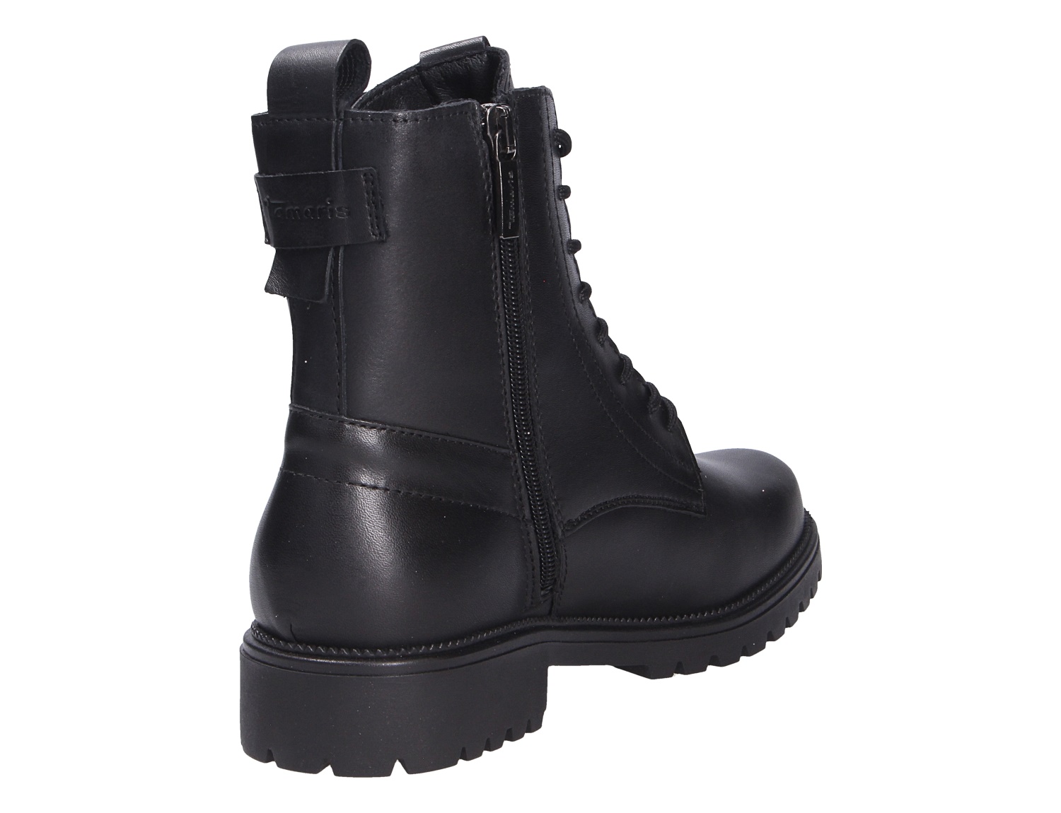 Tamaris Damen Stiefel in Schwarz, robuste Schnürstiefelette mit seitlichem Reißverschluss, Zuglasche und markanter Profilsohle, Rückansicht schräg von der Seite