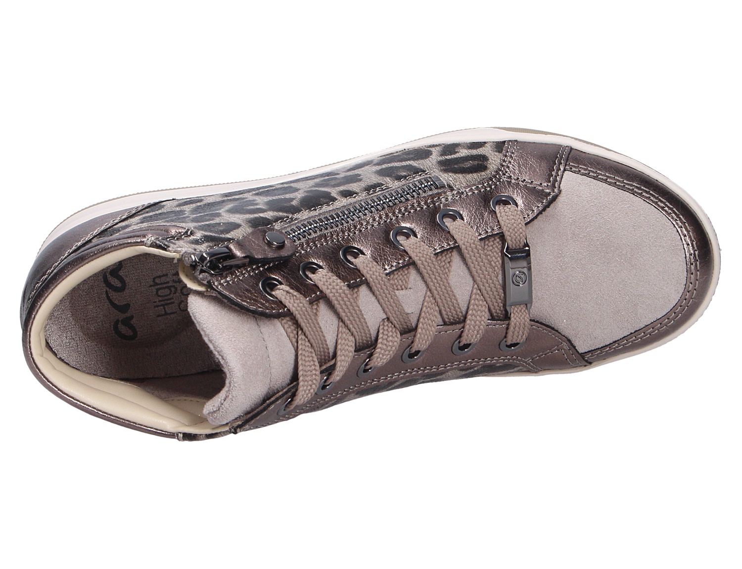 Draufsicht auf den Ara ROM Sneaker in Metallic-Taupe mit Schnürung, seitlichem Reißverschluss und Animal-Print-Details