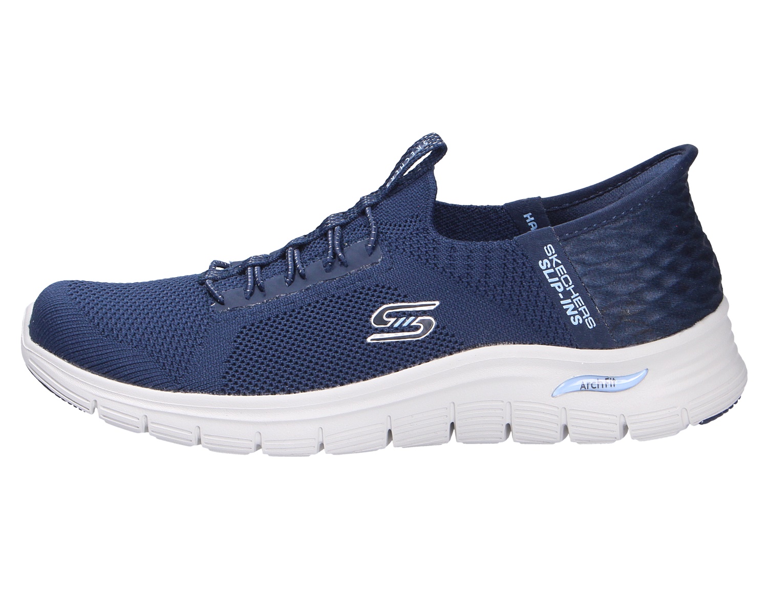 Skechers Arch Fit Slip-Ins Sneaker in Dunkelblau mit weißer Sohle, atmungsaktivem Mesh-Obermaterial und seitlichem Logo in der Seitenansicht