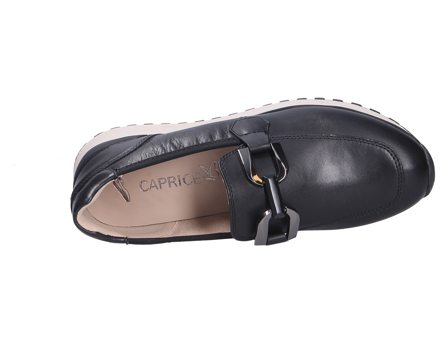 Caprice Damen Slipper in Schwarz aus Glattleder mit dekorativer Zierspange und heller Laufsohle, Draufsicht