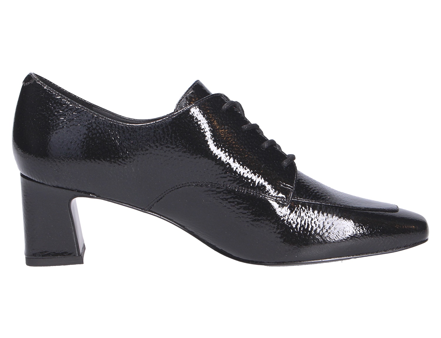 Peter Kaiser Damen Schnürschuhe aus schwarzem Lackleder mit Schnürung, spitzer Form und elegantem Blockabsatz in Seitenansicht