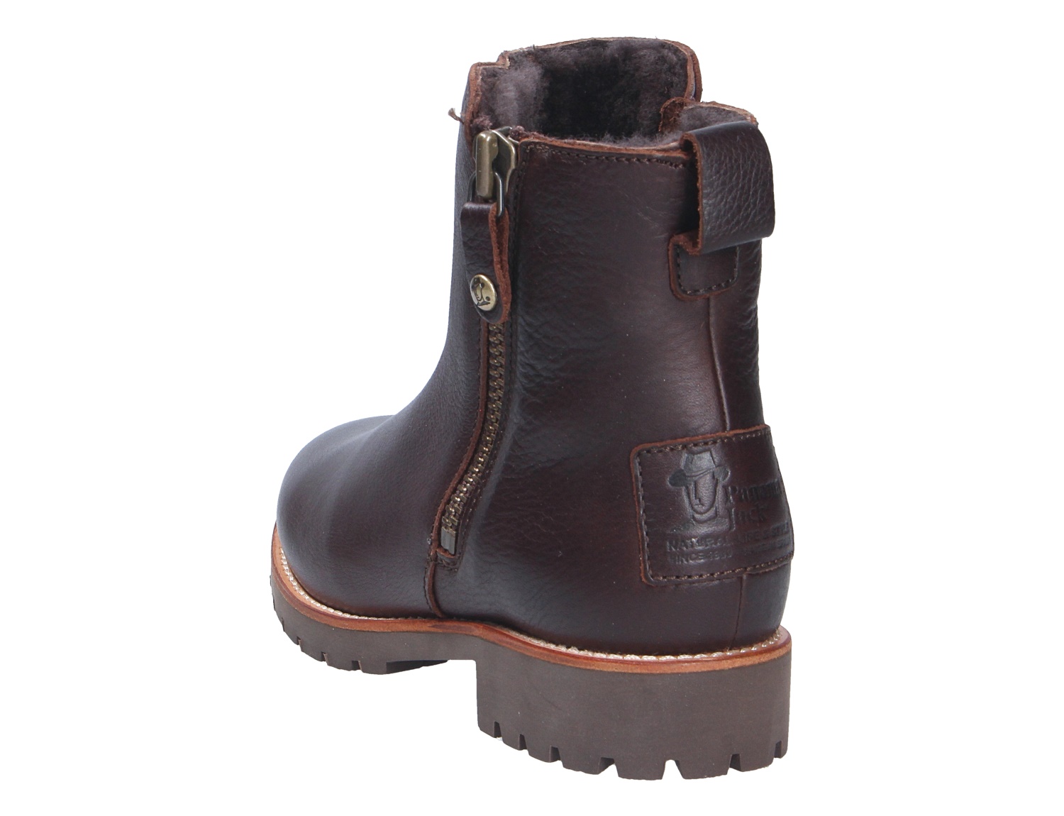 Rückansicht der braunen Panama Jack Fiore Damen-Stiefelette aus Leder mit seitlichem Reißverschluss, warmem Innenfutter und robuster Profilsohle