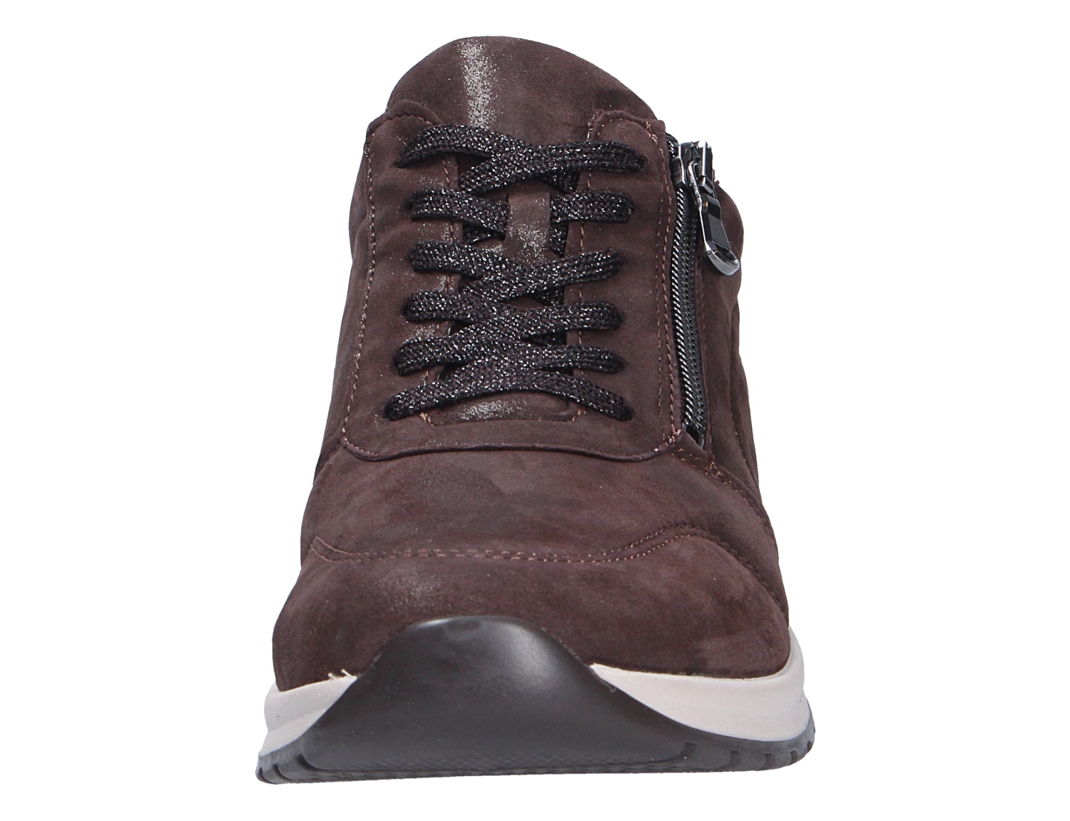 Frontansicht des Waldläufer H-Inessa Sneakers in Dunkelbraun aus Veloursleder mit Schnürung, seitlichem Reißverschluss und heller Sohle