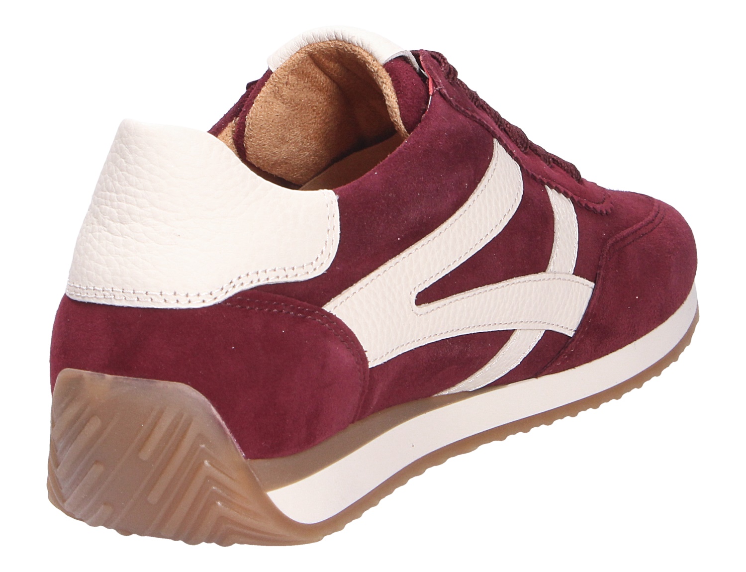 Gabor Damen Sneaker aus Veloursleder in Bordeaux mit weißen Lederdetails und heller Laufsohle, Rück- und Seitenansicht