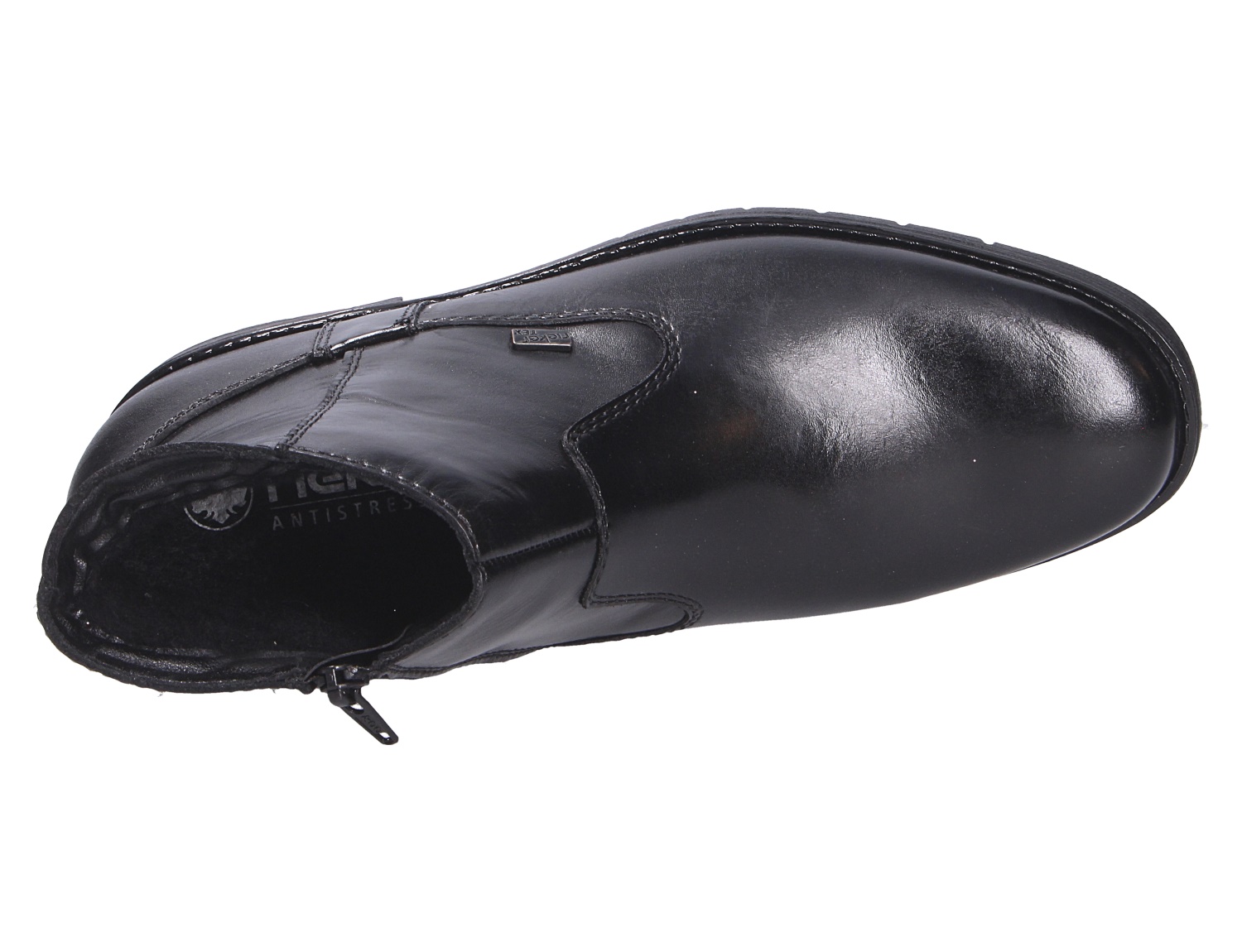 Rieker Herren Stiefel in Schwarz aus Glattleder, Draufsicht auf eleganten Boot mit seitlichem Reißverschluss