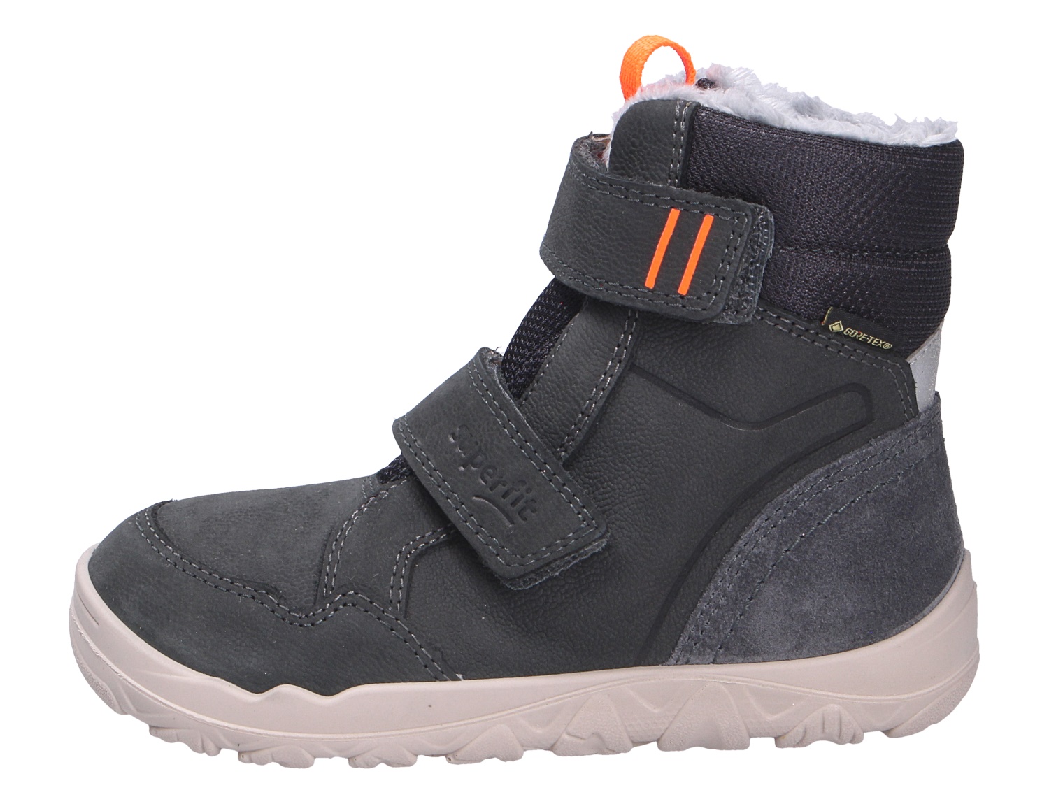 Superfit WALDERI Winterstiefel für Kinder in Dunkelgrau, seitliche Ansicht, mit Klettverschluss, warmem Futter und GORE-TEX