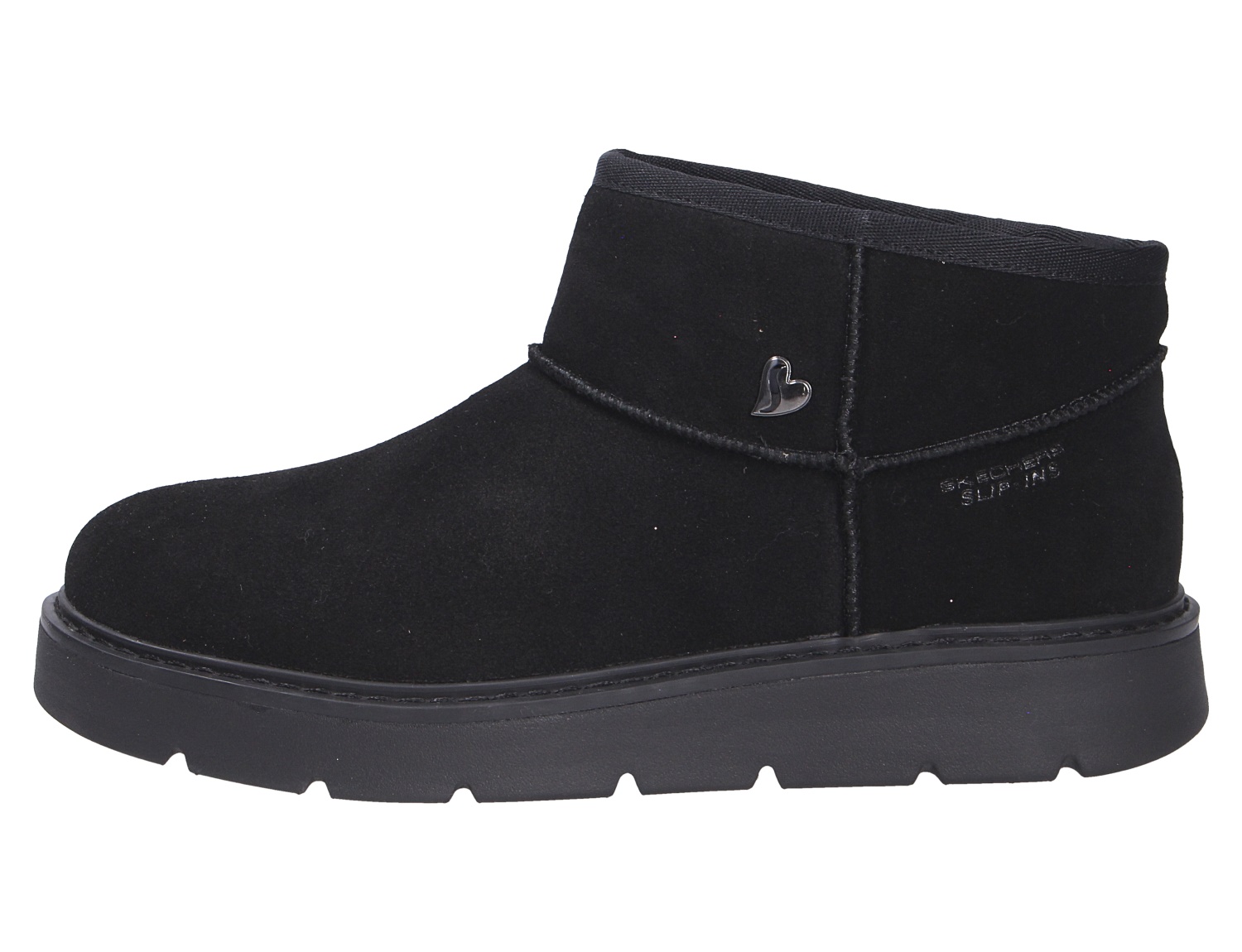 Skechers Keepsakes Cozy Damen Winterboot in Schwarz mit flacher Plateausohle und kurzem Schaft, Seitenansicht