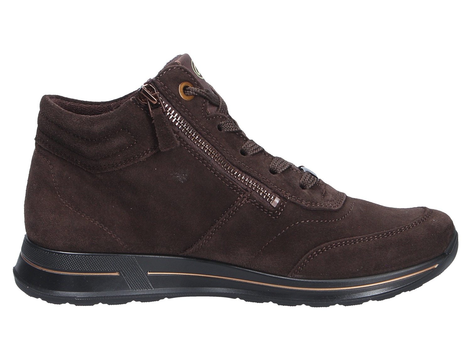Ara OSAKA knöchelhoher Damensneaker aus braunem Veloursleder, Seitenansicht mit Schnürung und Reißverschluss