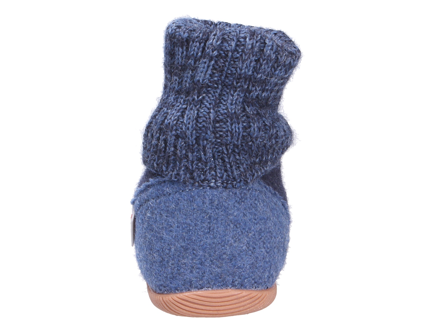 Rückansicht des blauen Giesswein Hausschuhs WILDPOLDSRIED mit hohem gestricktem Schaft und rutschfester Sohle