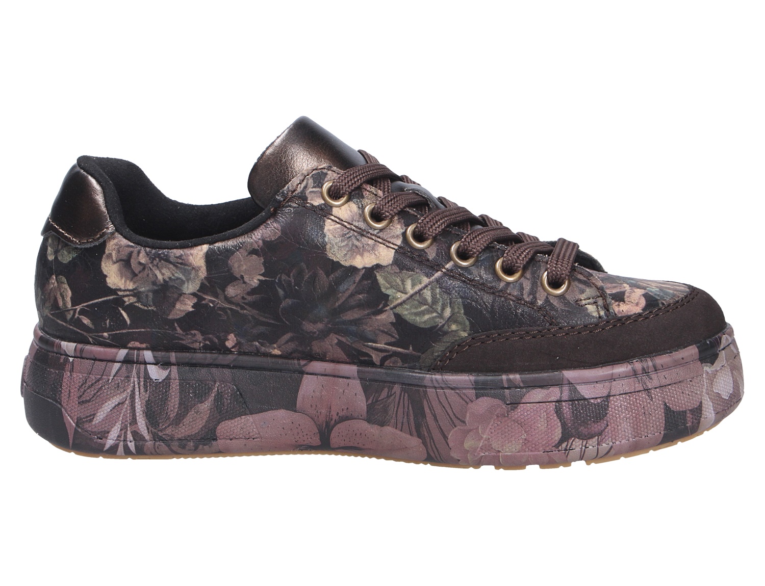 Rieker Damen Schnürschuhe in Braun mit floralem Print, Schnürung und auffälliger Plateausohle, seitliche Produktansicht