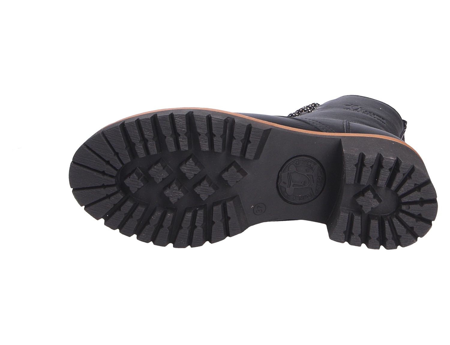 Unteransicht der profilierten Laufsohle des Panama Jack Padma Schuhs in Schwarz mit grobem Outdoor-Profil