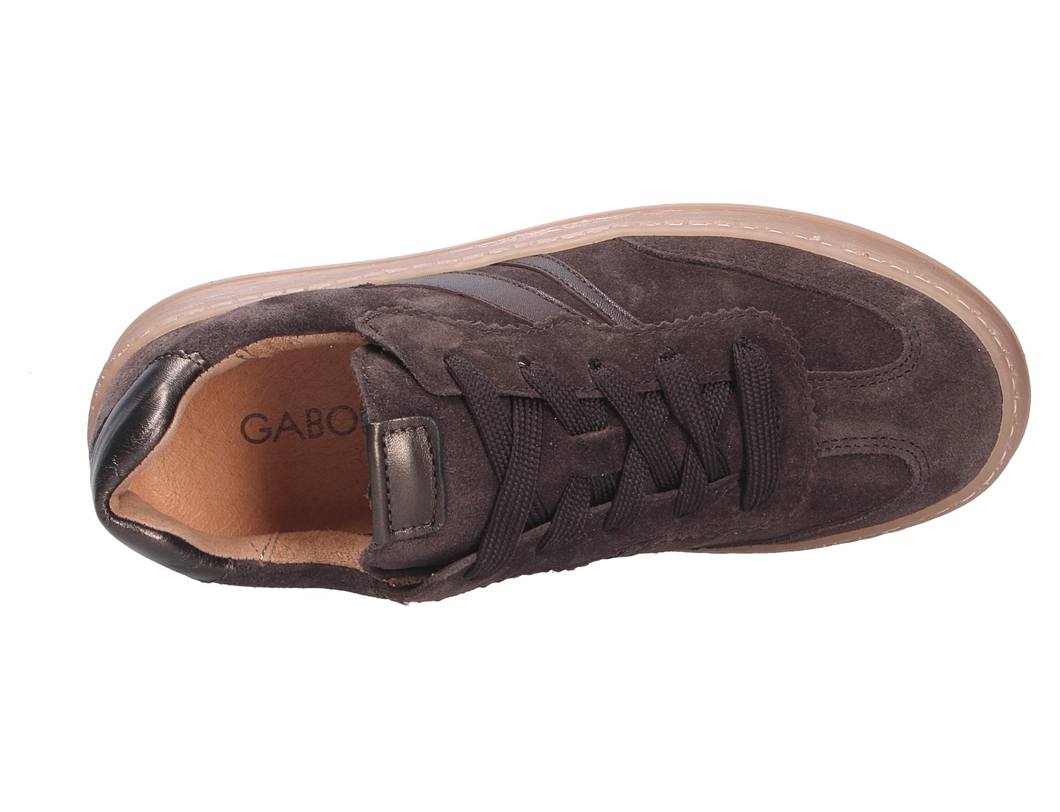 Gabor Damen Schnürschuhe aus dunkelbraunem Veloursleder mit breiten Schnürsenkeln und heller Sohle in der Draufsicht