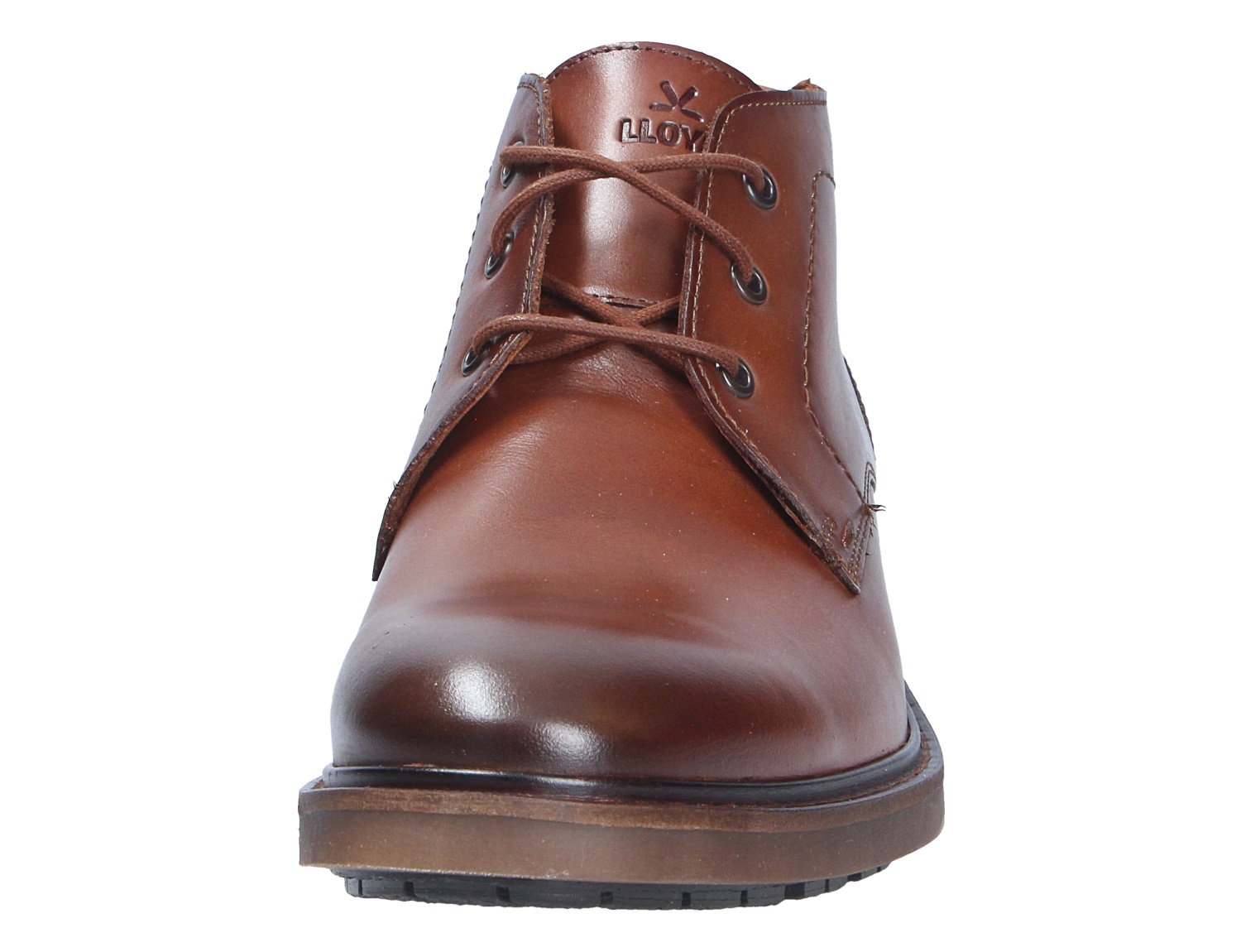 Frontansicht der braunen Lloyd Herren-Stiefelette VIBE 325 aus Glattleder mit Schnürung und robuster Sohle