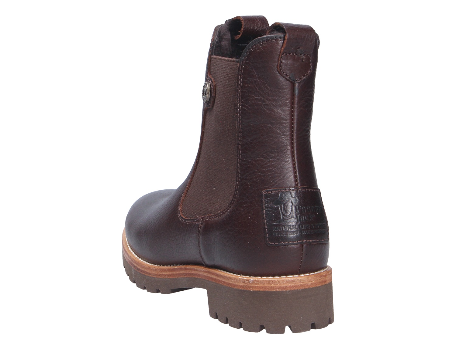 Panama Jack Francesca Chelsea-Boot für Damen aus dunkelbraunem Leder mit seitlichem Stretch-Einsatz und markanter Profilsohle in Rückansicht